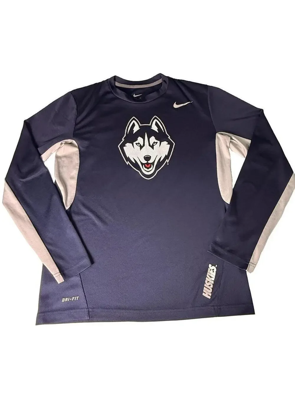 Nike Dri-FIT Long Sleeve Shirt UConn Huskies Men's Size M Gray Navy Blue